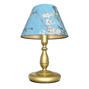 Złota lampka na stolik nocny z niebieskim abażurem JULIA O3598 L1 ZL/VINCENT